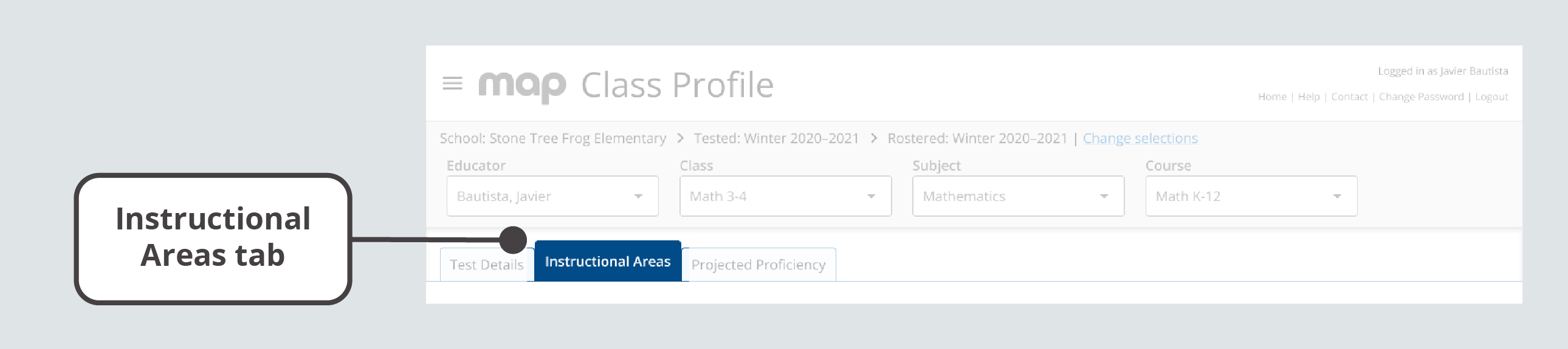 The Instructional Areas tab is the second tab below the selection fields at the top of the report.