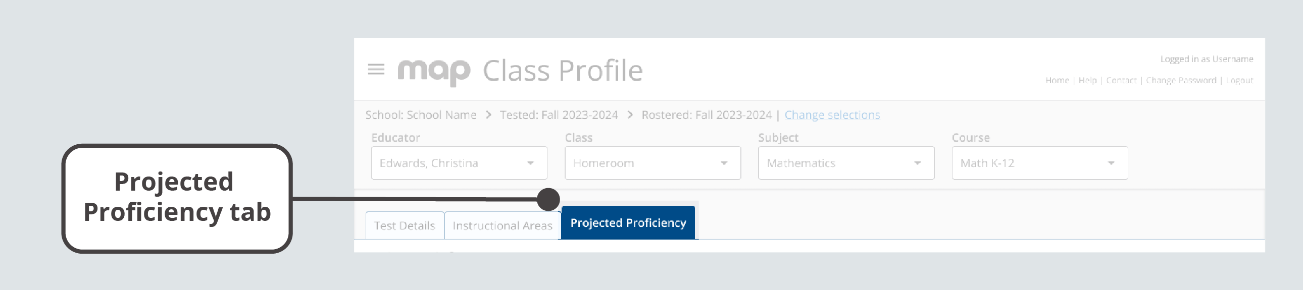 The Projected Proficiency tab is the third tab below the selection fields at the top of the report.
