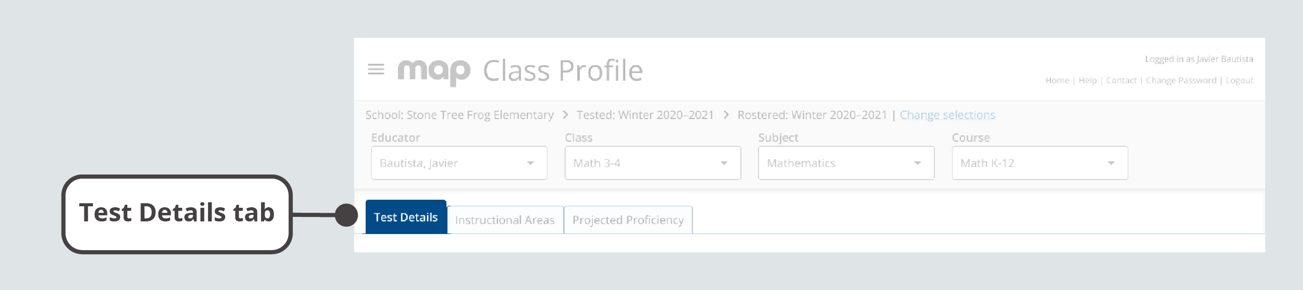 The Test Details tab is the first tab below the selection fields at the top of the report.