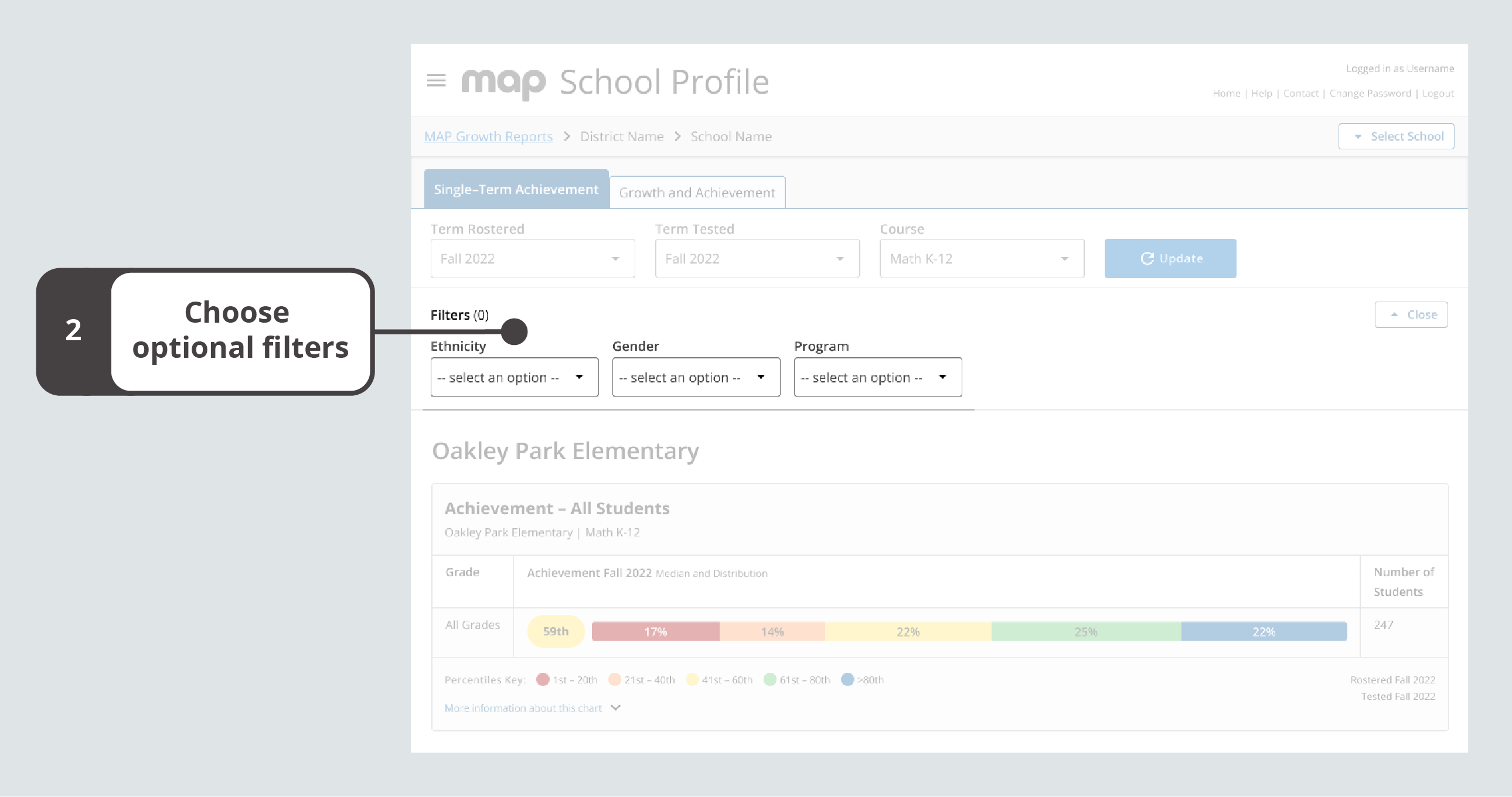 The optional filters for Ethnicity, Gender and/or Program appear after the required filters of Term Rostered, Term Tested, and Course.