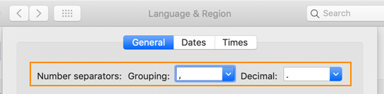 Settings for Number separators, with Grouping set to comma and Decimal set to period Settings for Number separators, with Grouping set to comma and Decimal set to period